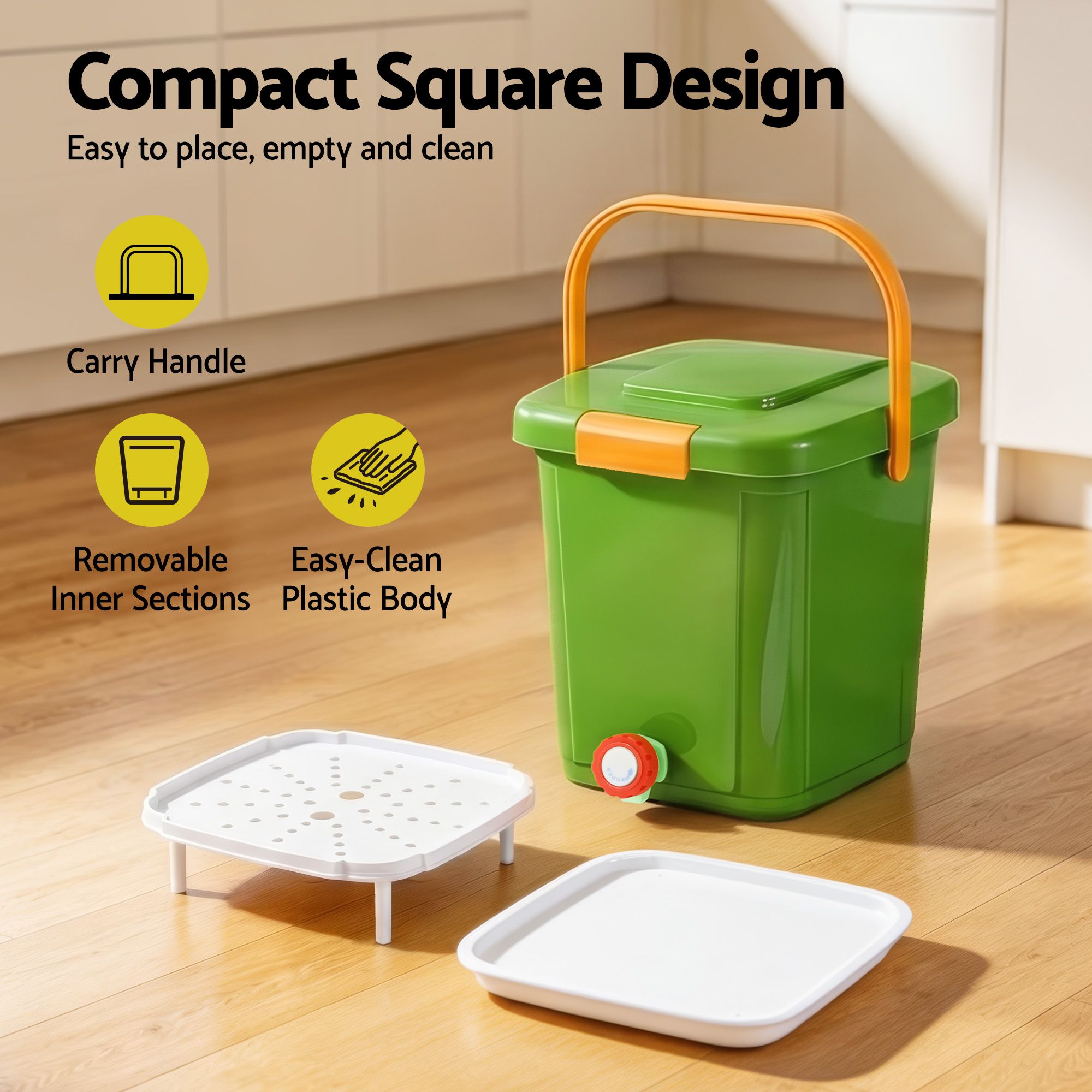 Gardeon 15L Kitchen Compost Bin Food Waste Caddy Drain Tap Green