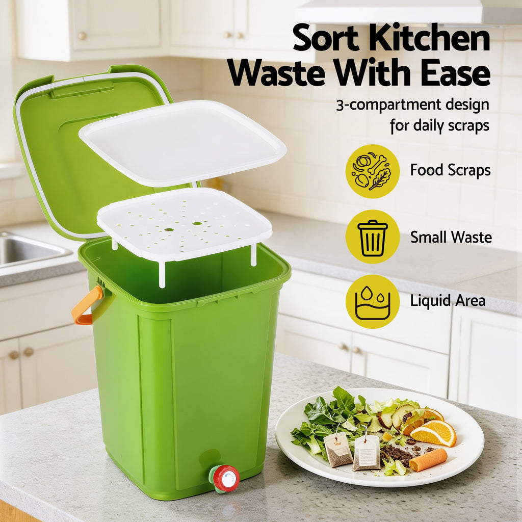 Gardeon 20L Kitchen Compost Bin Food Waste Caddy Drain Tap Green