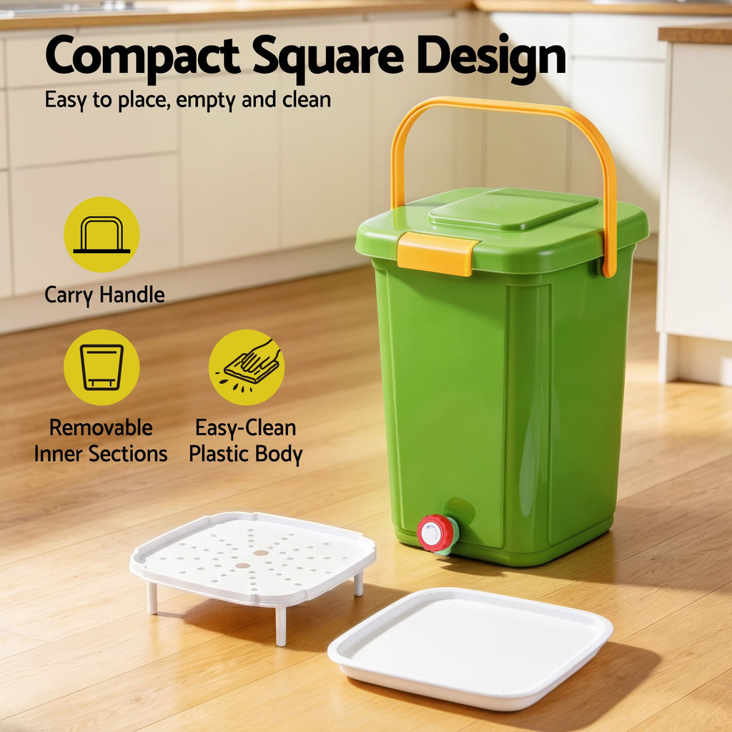 Gardeon 20L Kitchen Compost Bin Food Waste Caddy Drain Tap Green