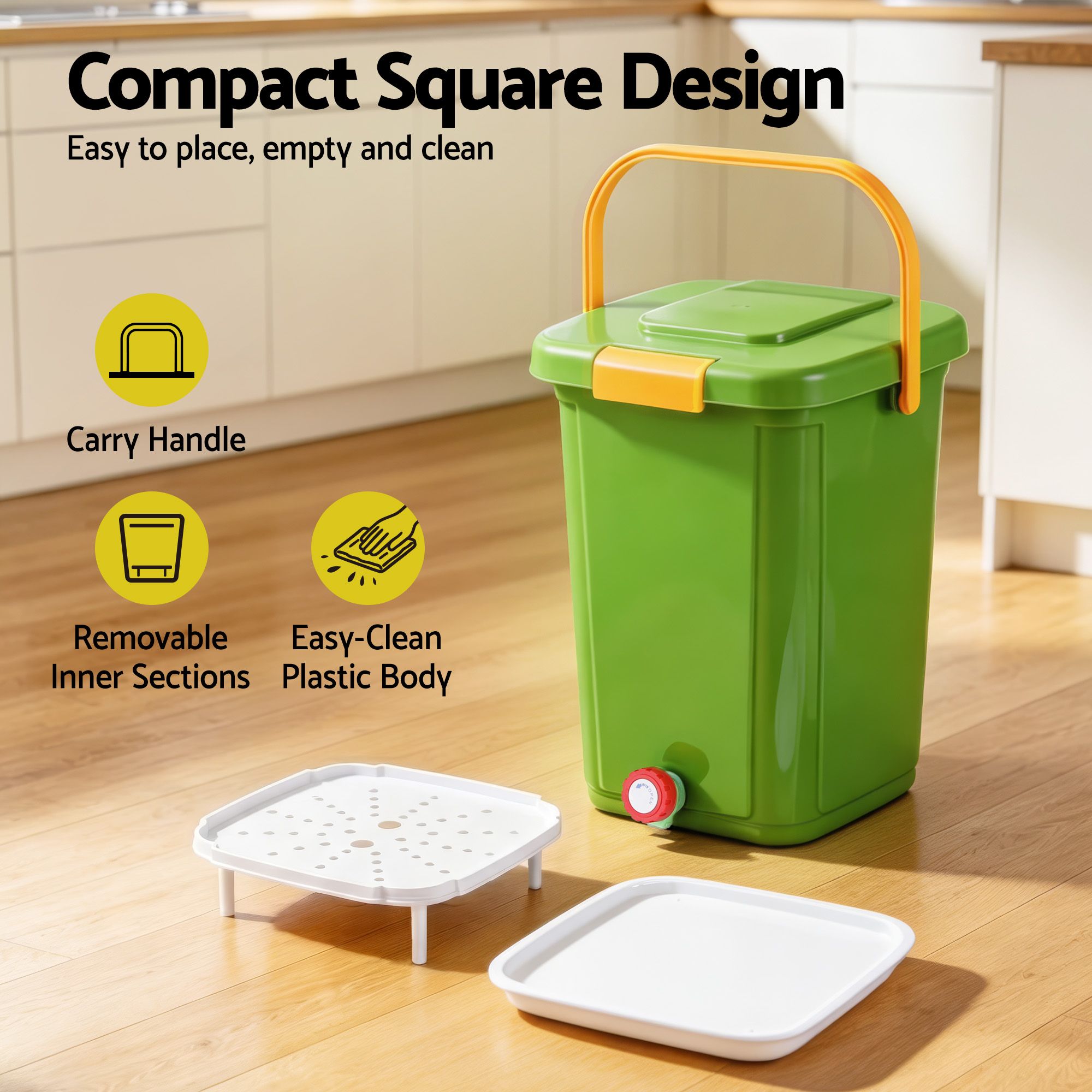 Gardeon 20L Kitchen Compost Bin Food Waste Caddy Drain Tap Green