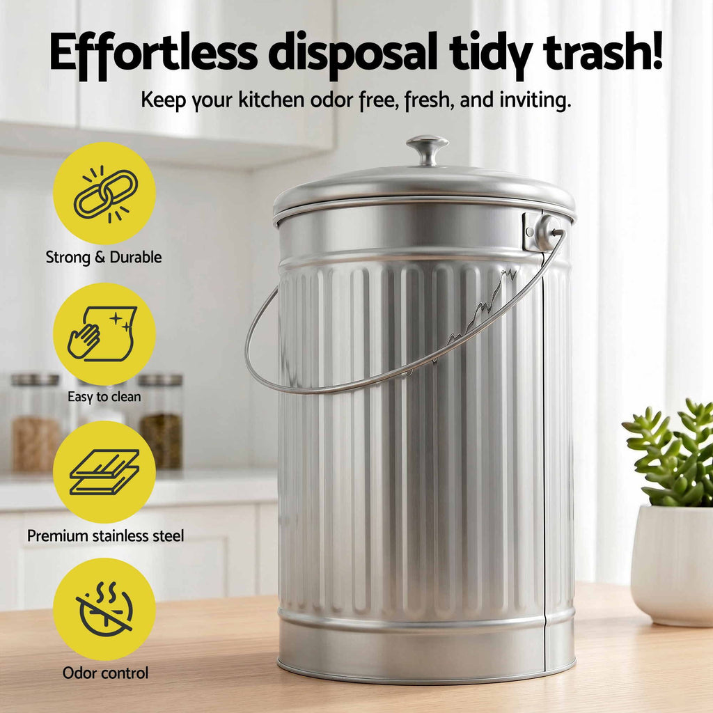 Gardeon Compost Bin Kitchen Countertop Food Waste Caddy 6L Silver
