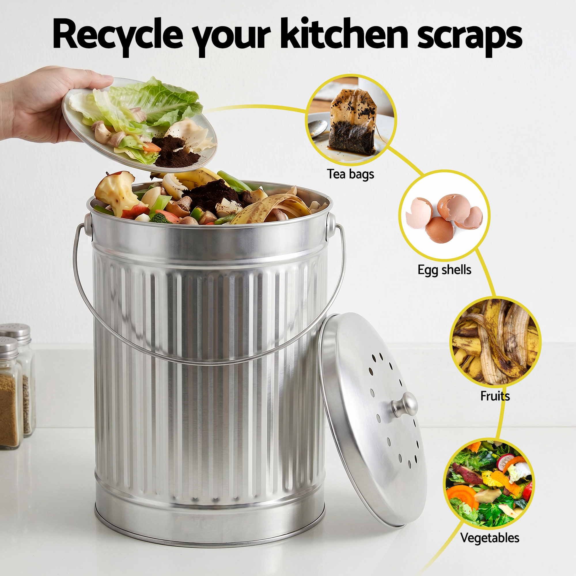 Gardeon Compost Bin Kitchen Countertop Food Waste Caddy 6L Silver