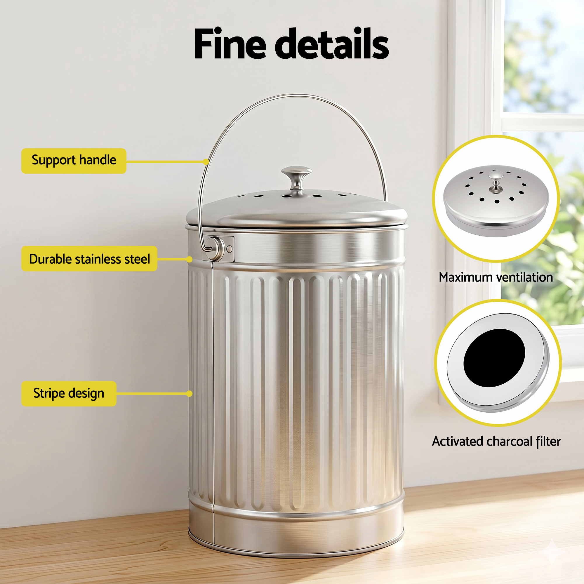Gardeon Compost Bin Kitchen Countertop Food Waste Caddy 6L Silver