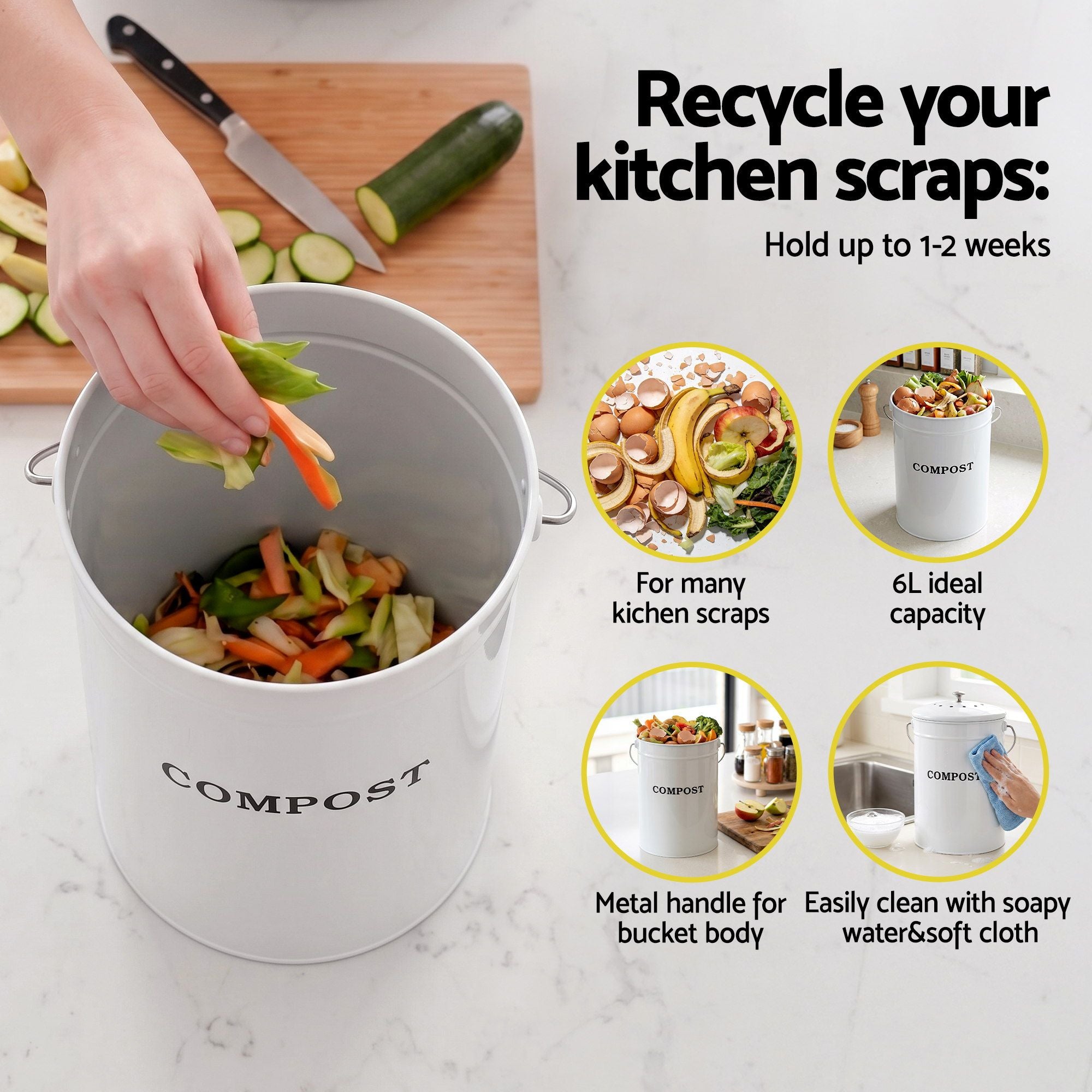 Gardeon Compost Bin Kitchen Compost Caddy Food Waste Bin Bench White