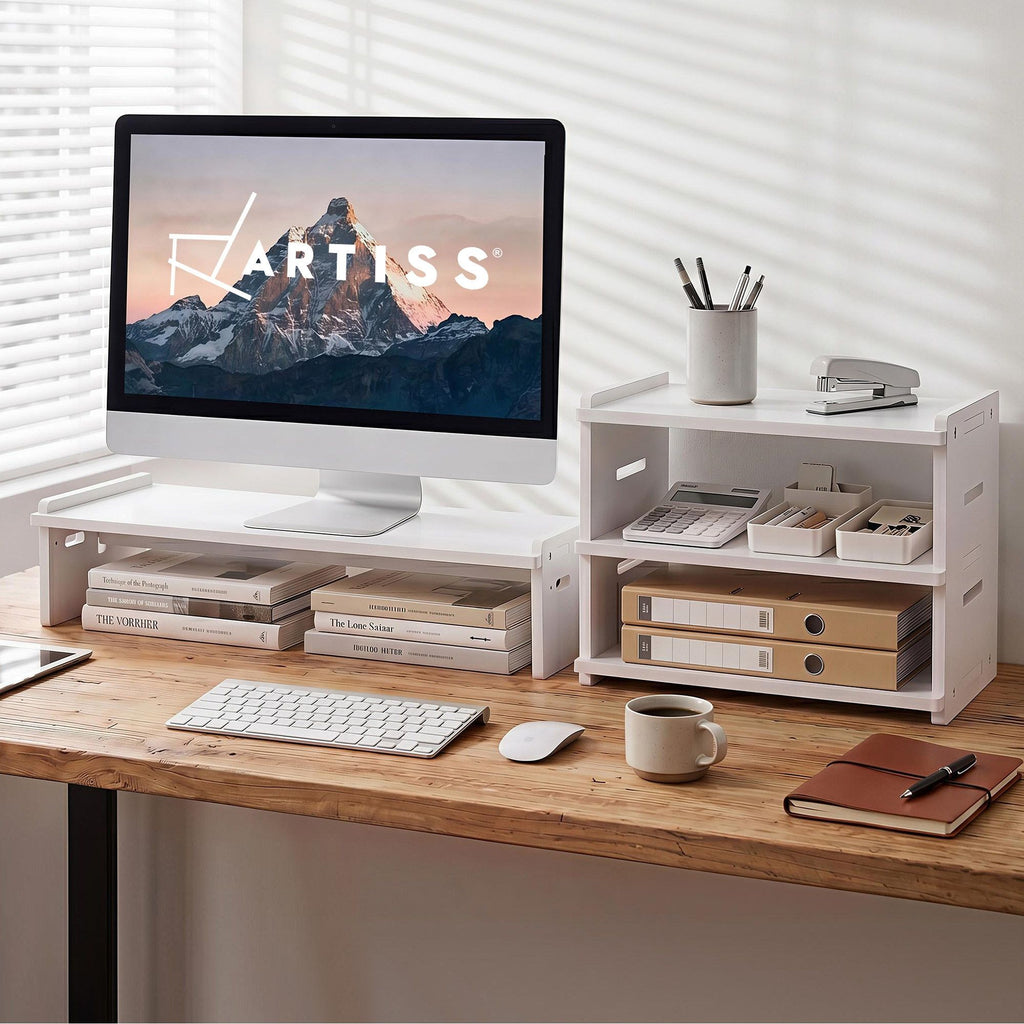 Artiss Monitor Stand and 3-Tier Desk Organiser 2-in-1 Modular Computer Monitor Riser PVC Desktop Shelf Holds 20kg for Office Students Gaming