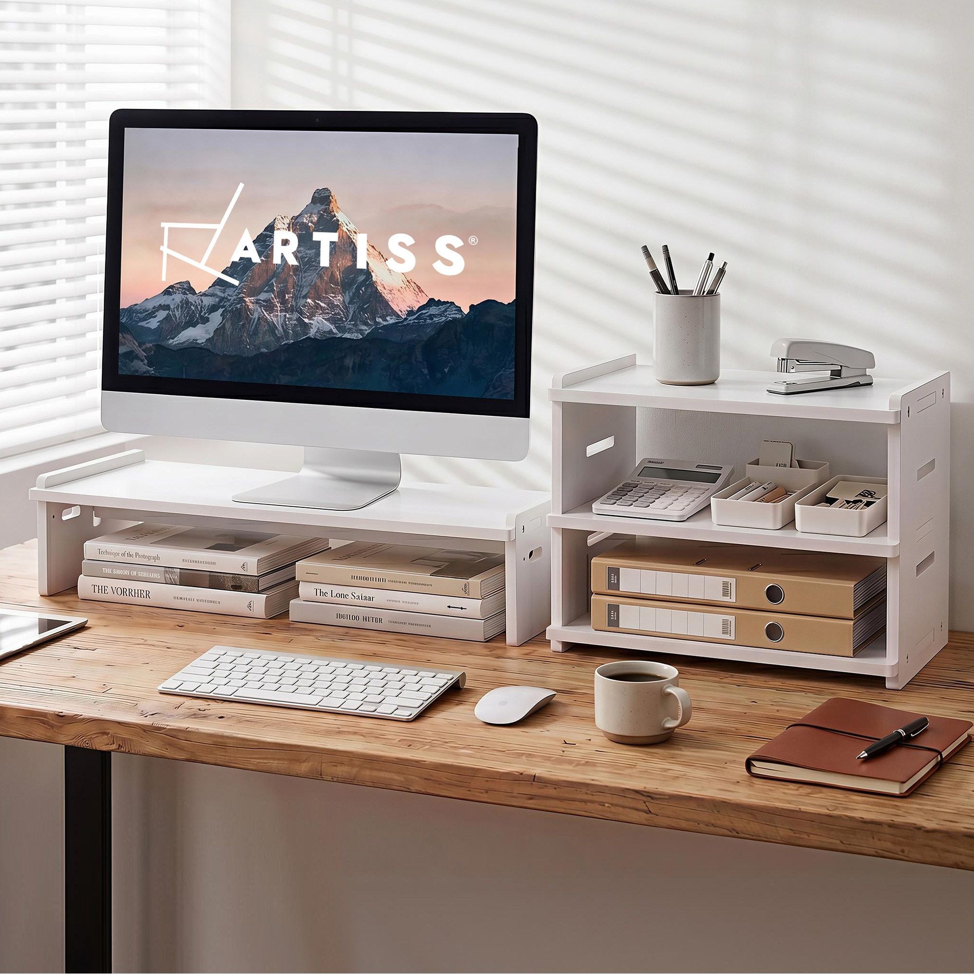 Artiss Monitor Stand and 3-Tier Desk Organiser 2-in-1 Modular Computer Monitor Riser PVC Desktop Shelf Holds 20kg for Office Students Gaming