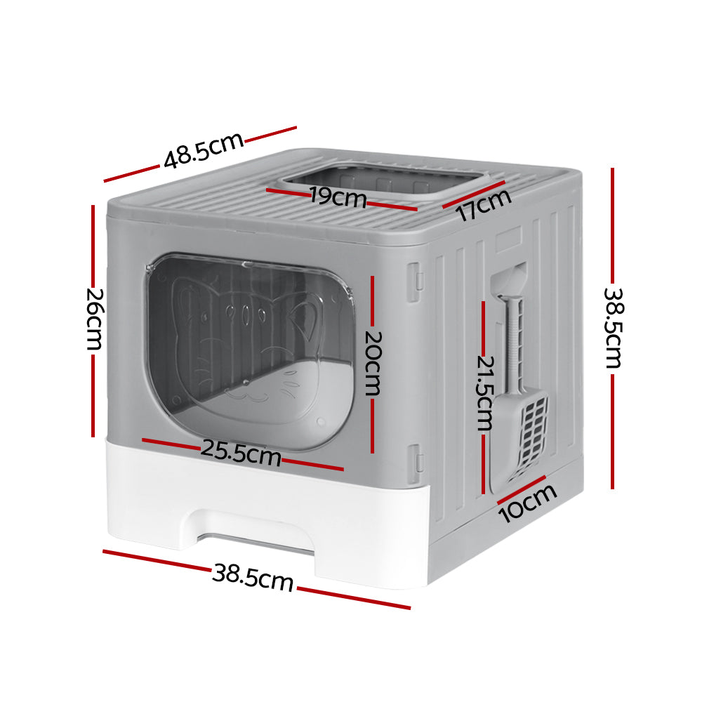 Enclosed Foldable Cat Litter Box with Scoop – Grey