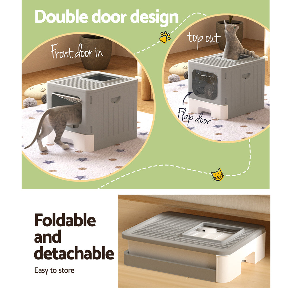 Enclosed Foldable Cat Litter Box with Scoop – Grey
