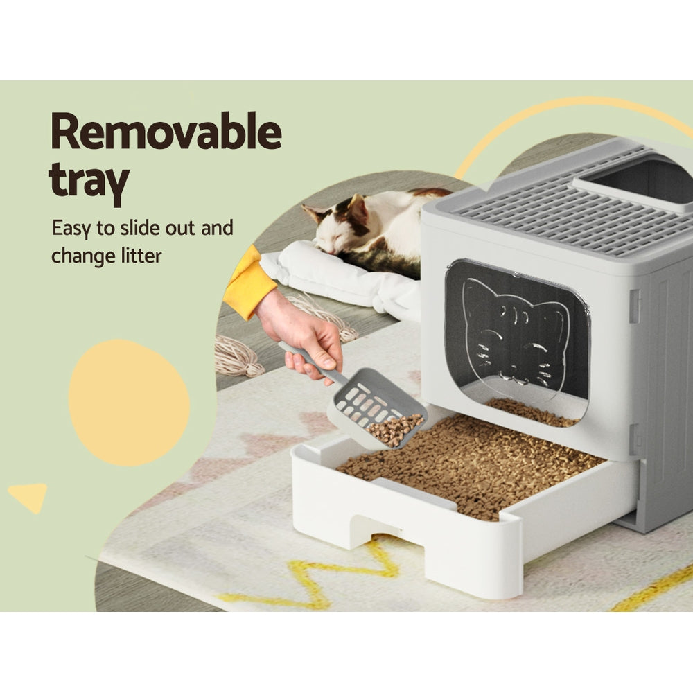 Enclosed Foldable Cat Litter Box with Scoop – Grey