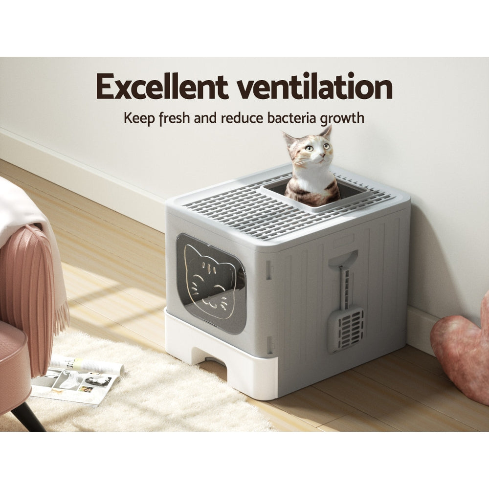 Enclosed Foldable Cat Litter Box with Scoop – Grey