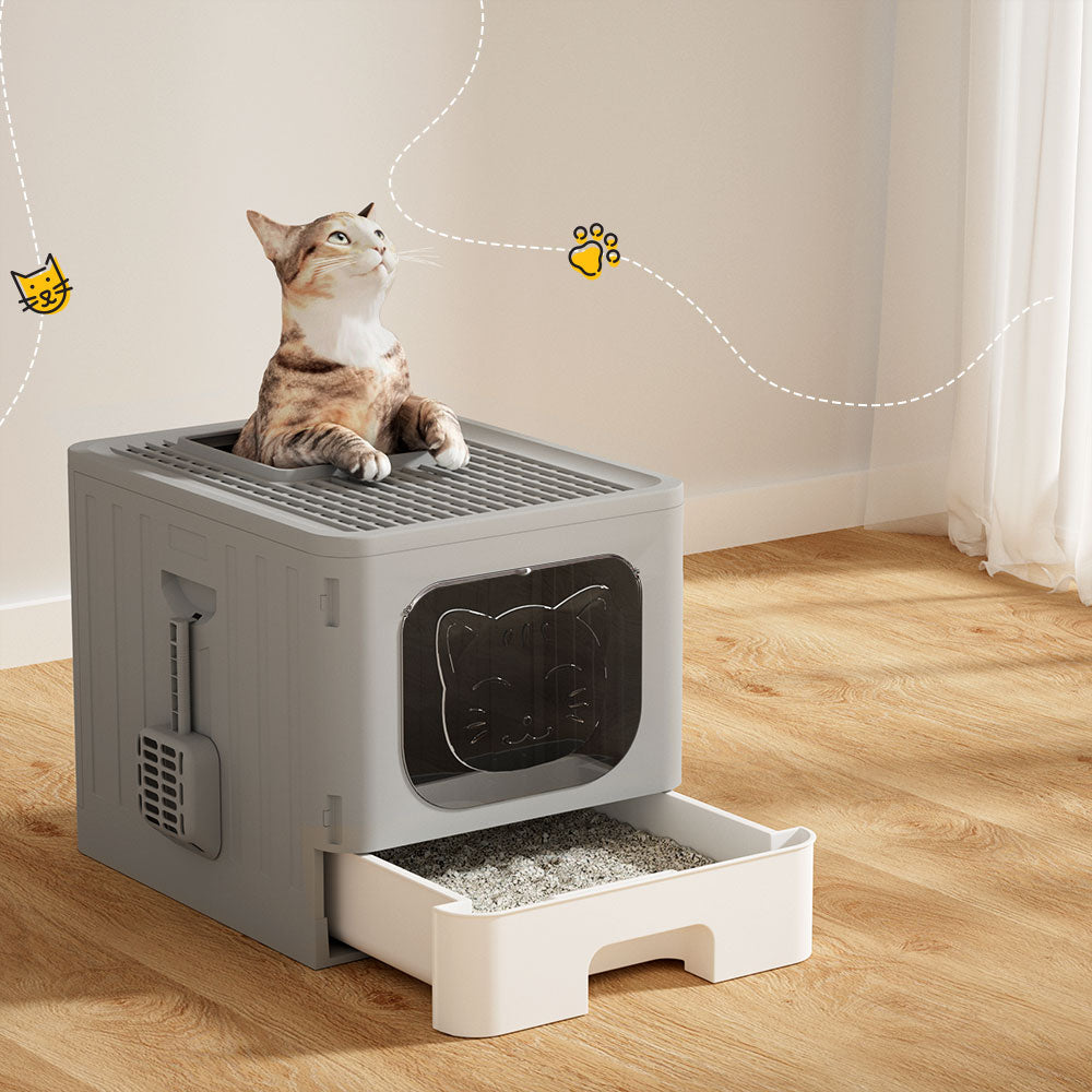 Enclosed Foldable Cat Litter Box with Scoop – Grey