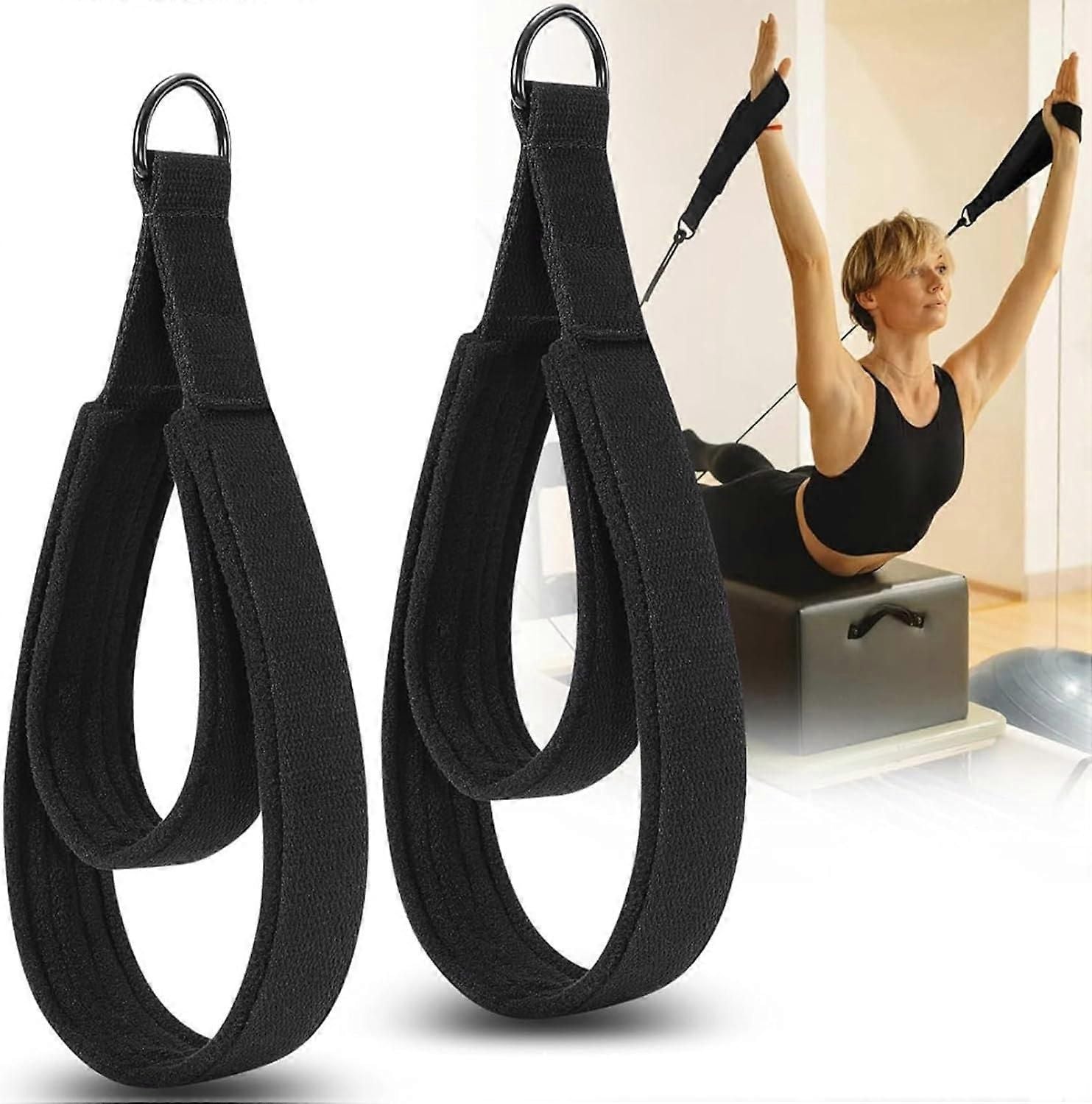 Adjustable DRing Pilates Straps Double Loop Yoga Stretch Strap for Flexibility and Strength, 1 Pair Black