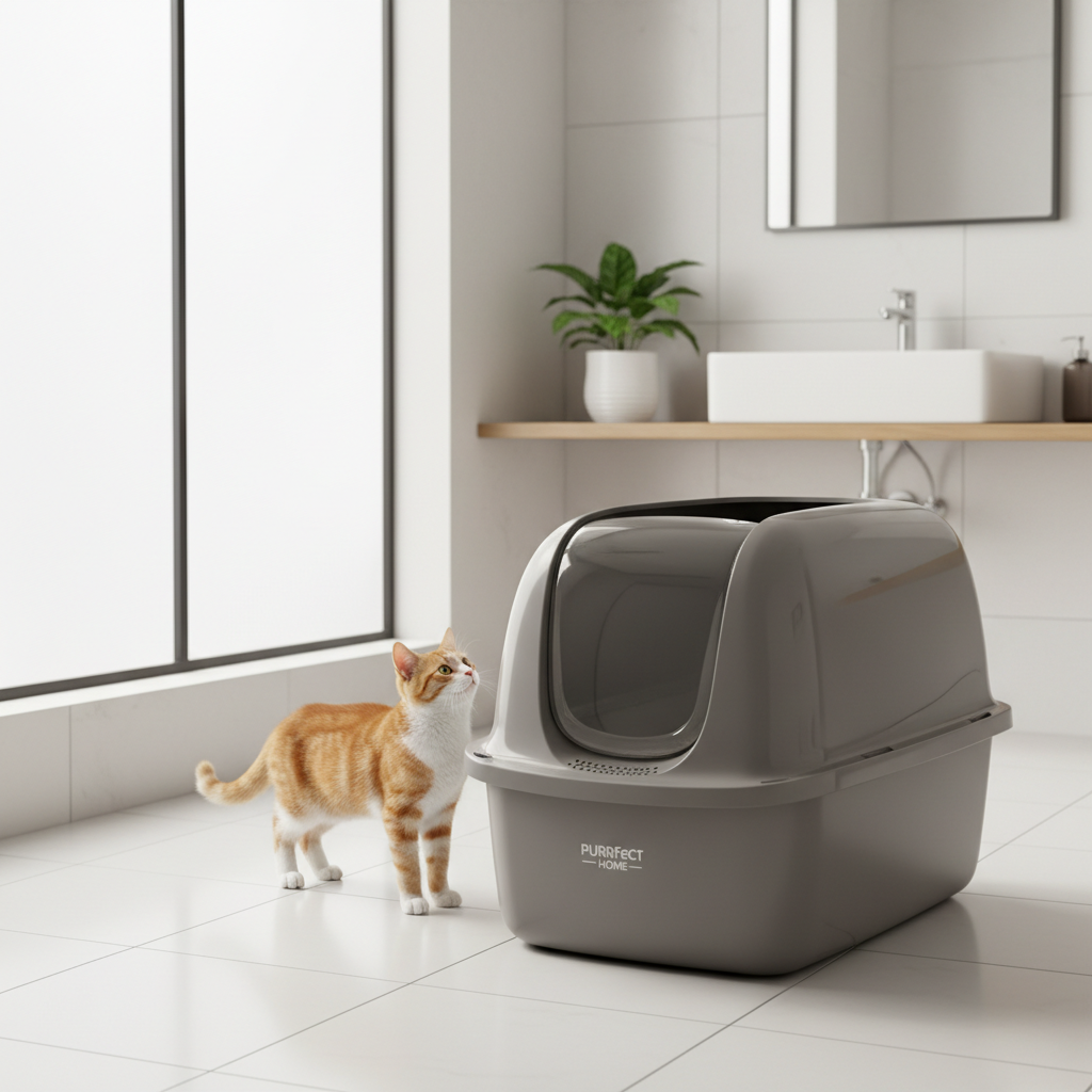 Grey hooded cat litter box with a cat standing beside it in a modern home bathroom