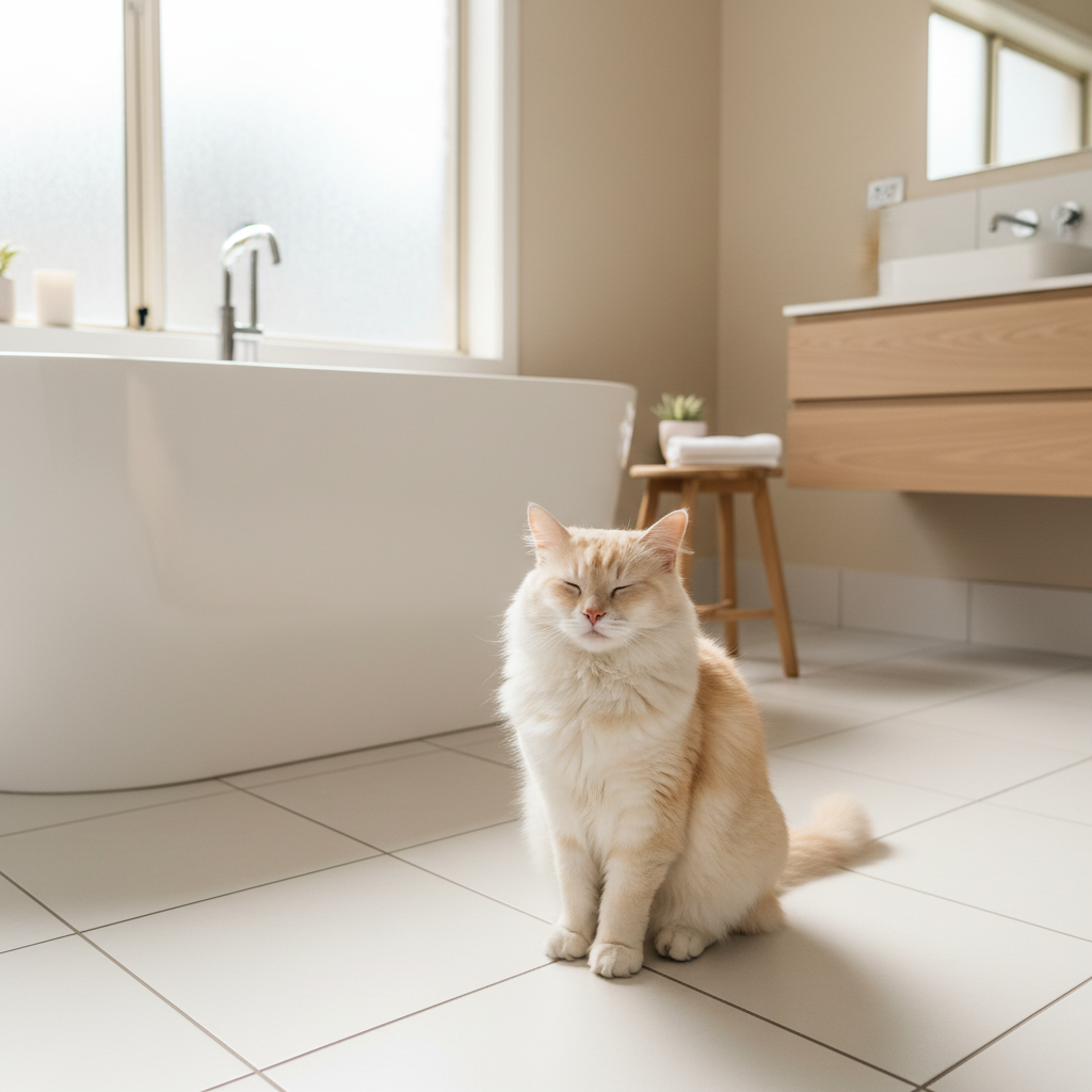 Happy fluffy cat sitting in a clean modern bathroom — lifestyle image for hooded cat litter box